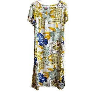 VTG The Hawaiian Original Hilo Hattie Blue Yellow Floral Midi Dress Size Small